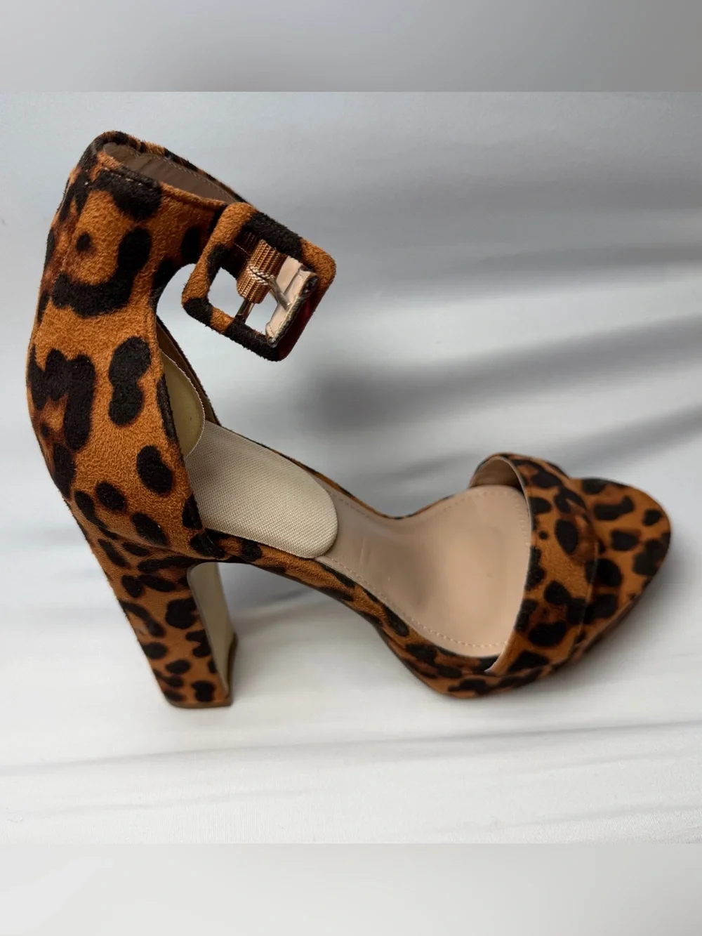Leopard Print Ankle Strap Heels in Tan and Black